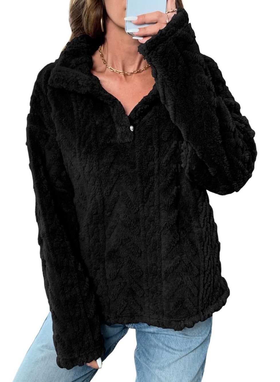 Womens Fuzzy Sherpa Pullover Sweater XL Black Sweatshirt Collar Cozy Warm